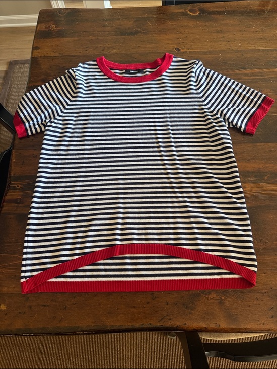 Sweaters - Women’s Striped Short Sleeve Top with Red Trim